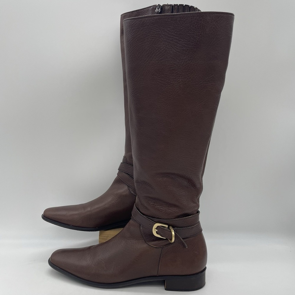 Talbots Womens 7AA Riding‎ Boots Tall Brown Pebbled Leather Gold Buckle Full Zip